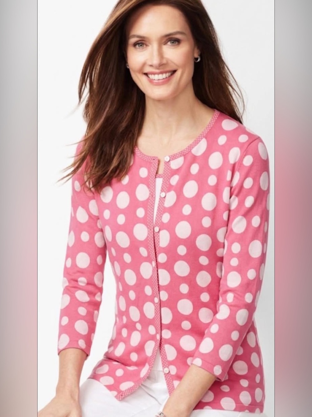 Vintage size L Talbots Pink Polka Dot cardigan sweater